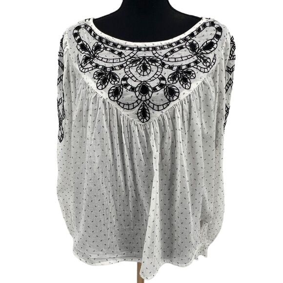 Free People Everything I Know Cotton Peasant Blouse‎ Embroidered Cutouts Medium - Picture 3 of 11